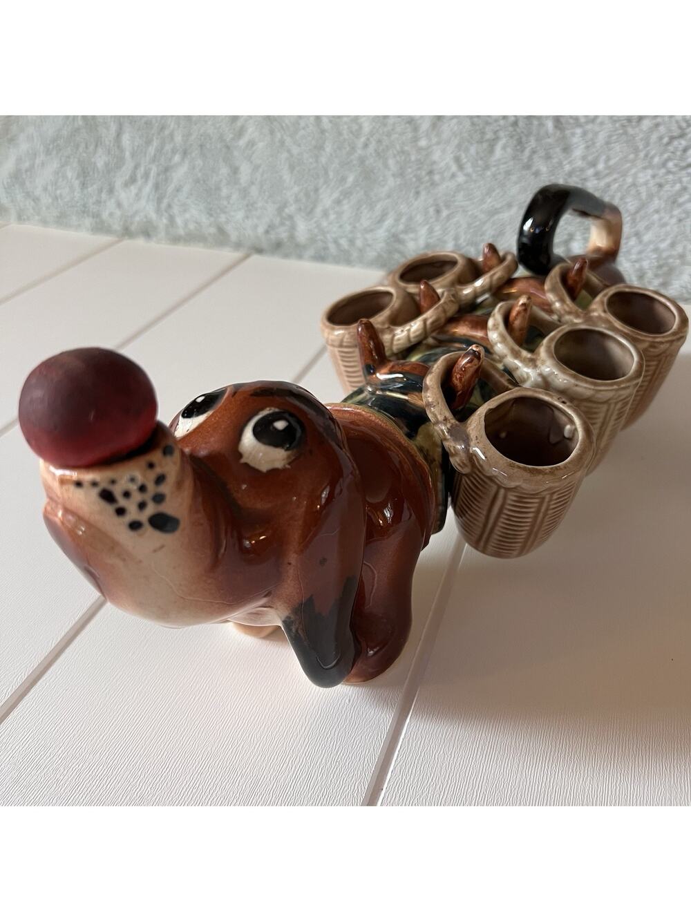 Dachshund Decanter hanging shot glasses Red nose JAPAN Wiener Dog Vintage